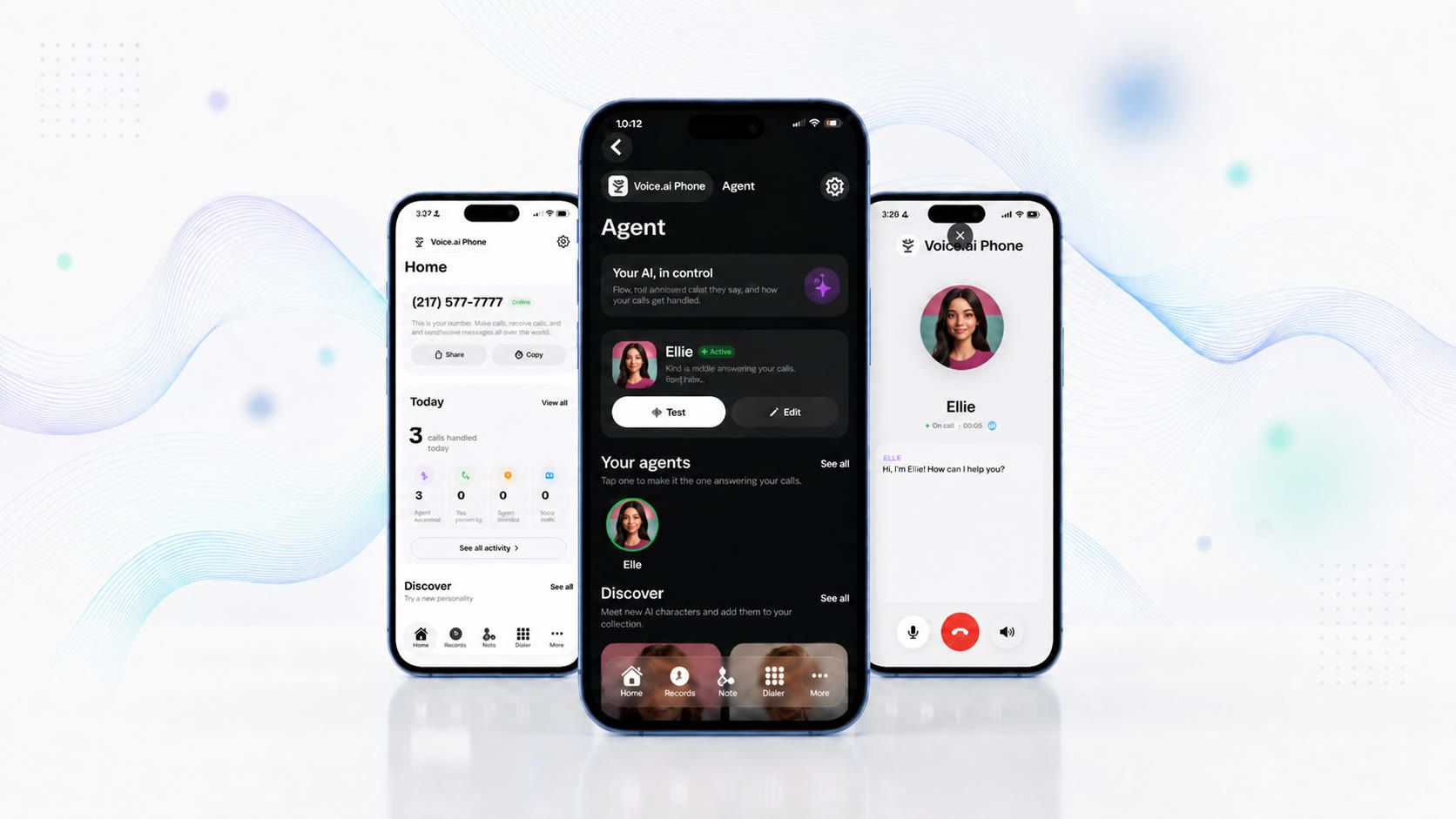 Voice.ai Phone home screen showing call screening, AI notes, transcripts, and other features