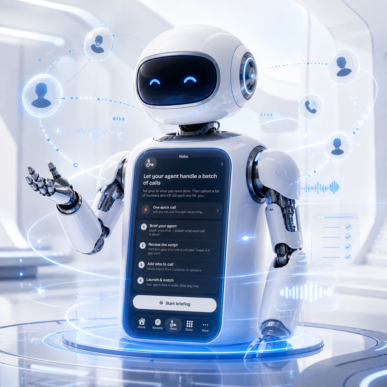 Voice.ai Phone Robo screen with the four-step batch-calling agent setup