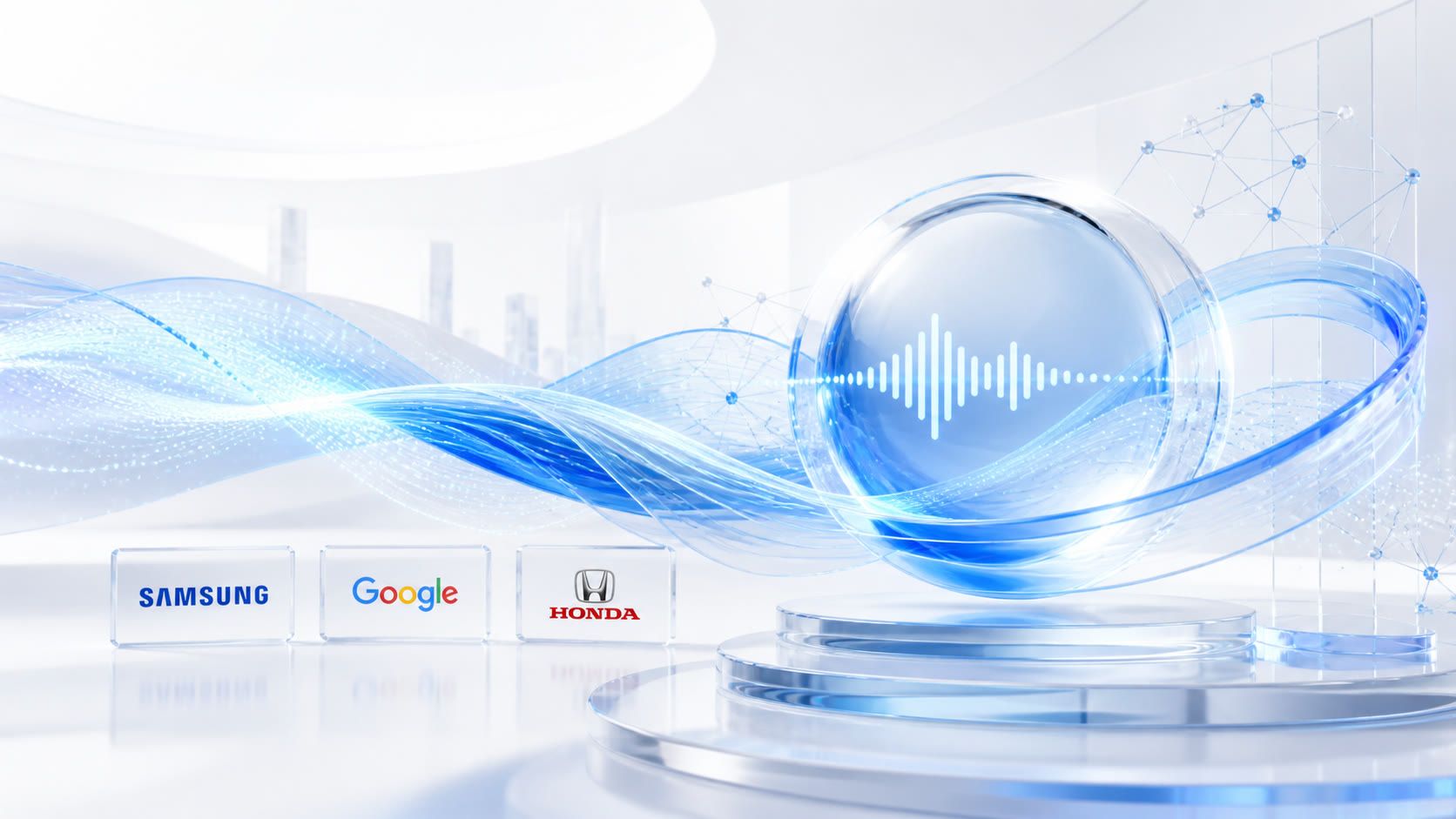 Voice AI orb with waveform alongside Samsung, Google, and Honda logos