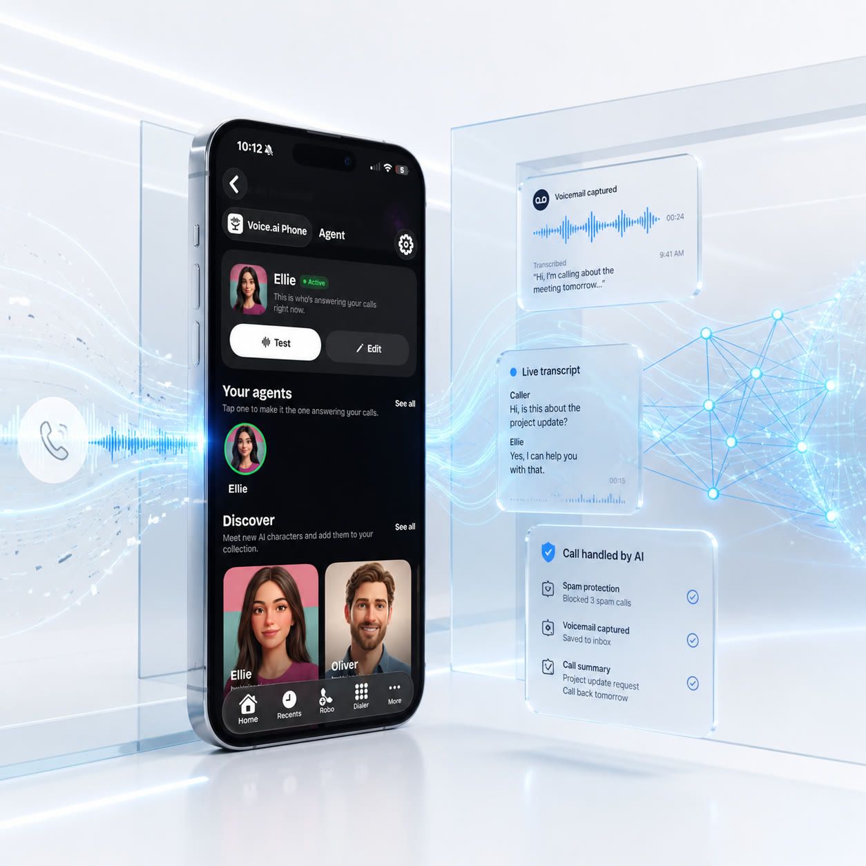 Voice.ai Phone home screen surrounded by floating live-transcript and AI-call-handling cards