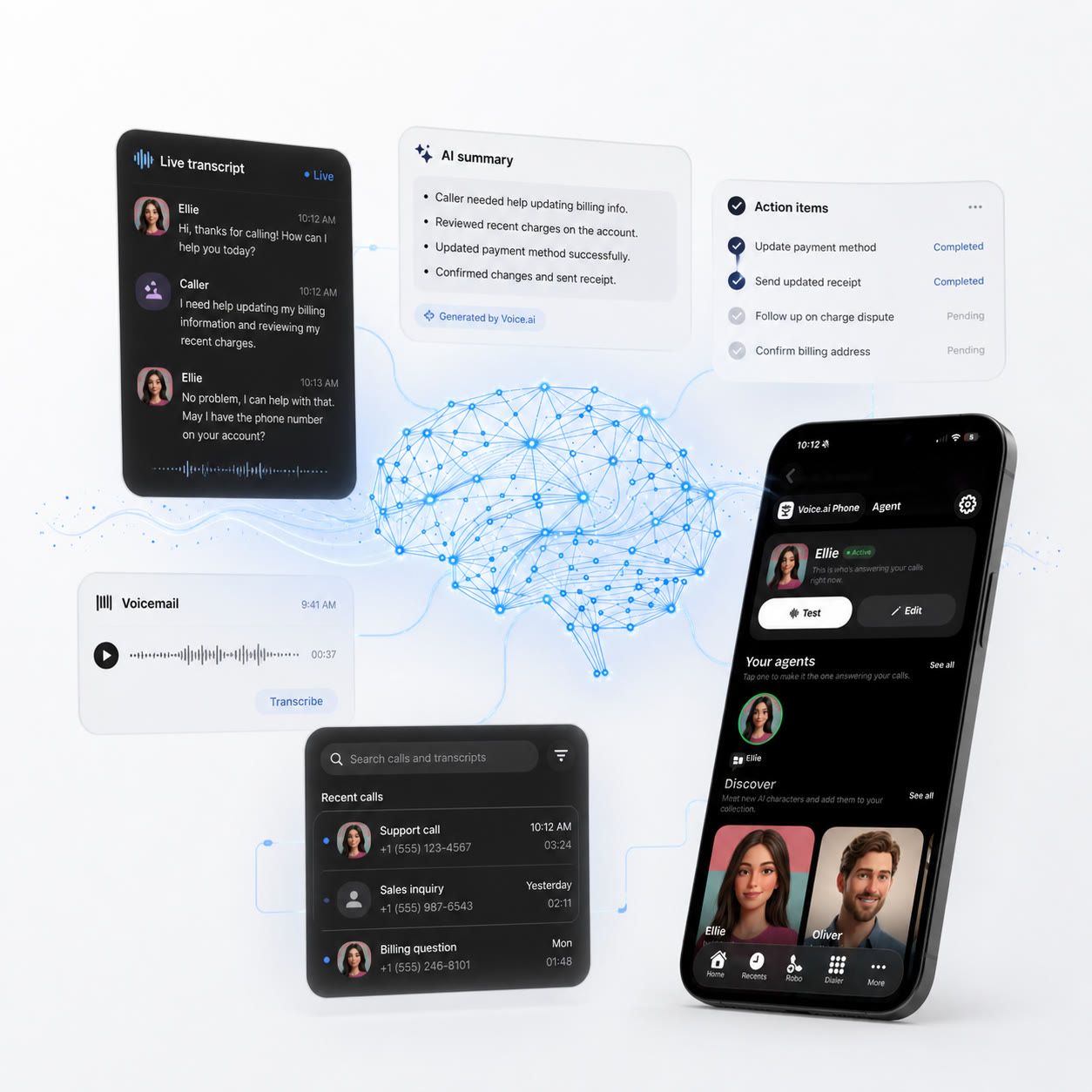 Searchable call history with transcripts and action items