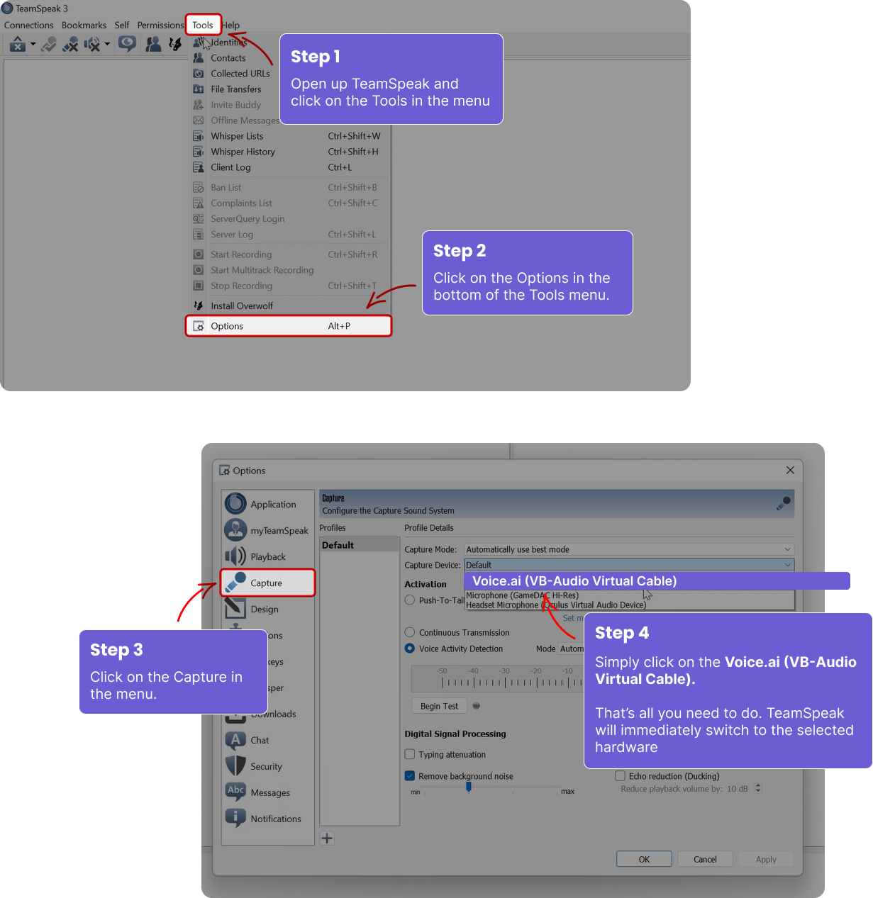 How to change TeamSpeak default microphone