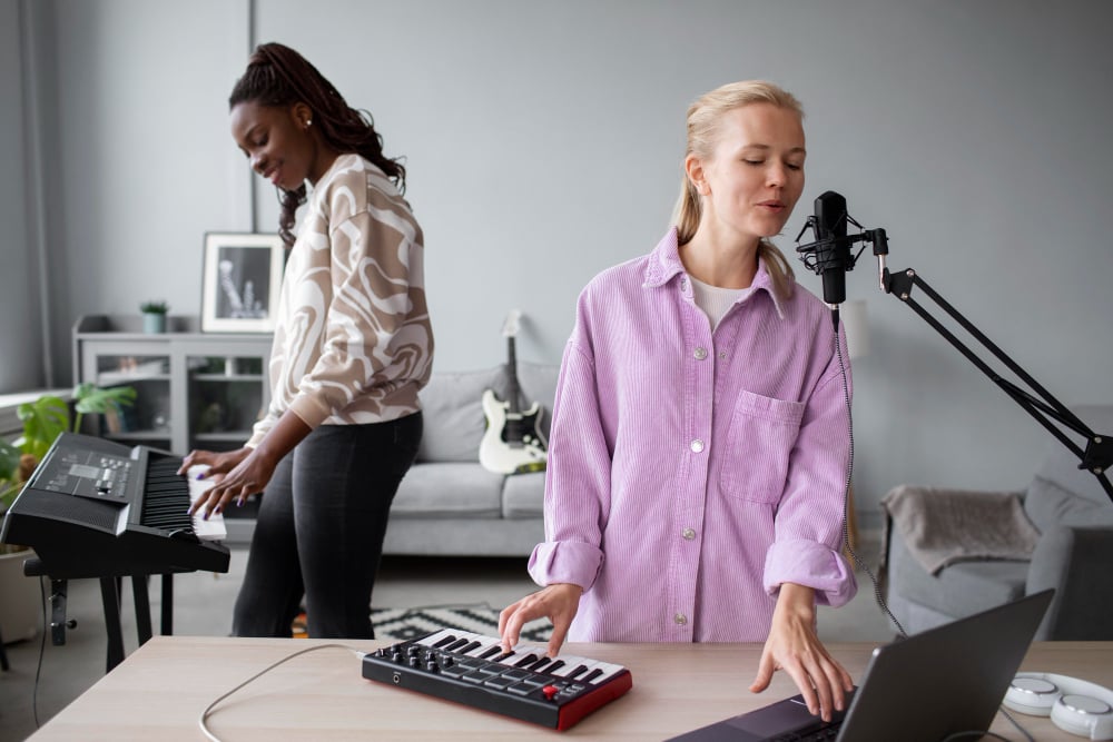 woman using a mic - WellSaid Labs
