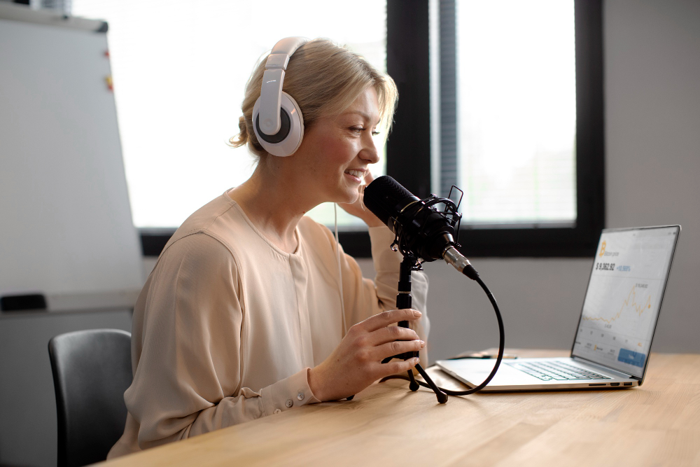 woman using a mic - WellSaid Labs