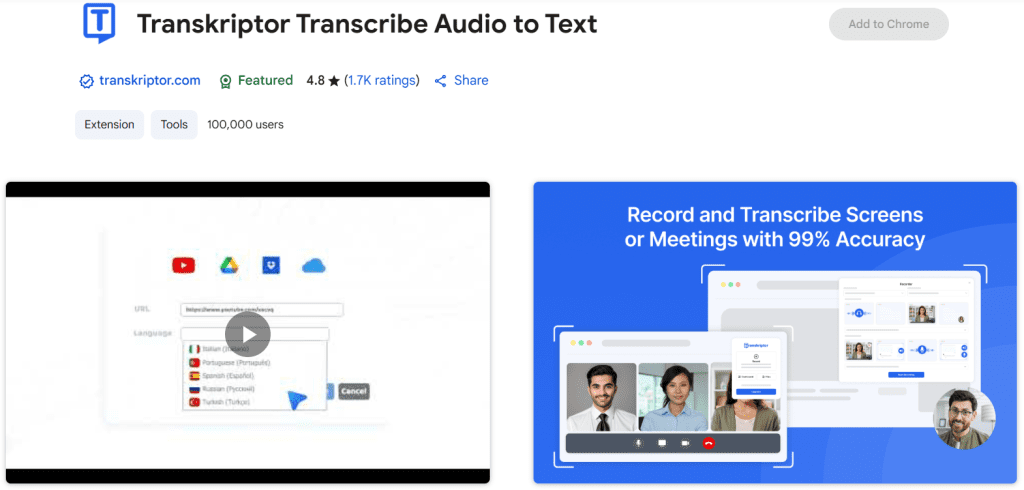 Transkriptor - Text To Speech Chrome Extension