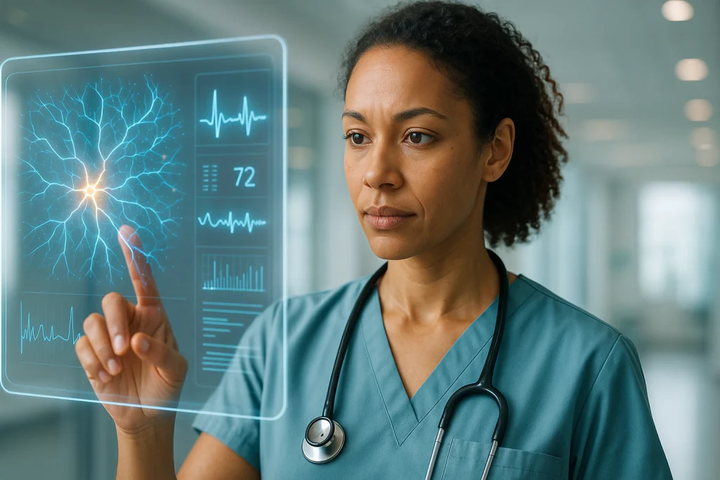 Woman Doctor Checking Patient Stats - Conversational AI in Healthcare