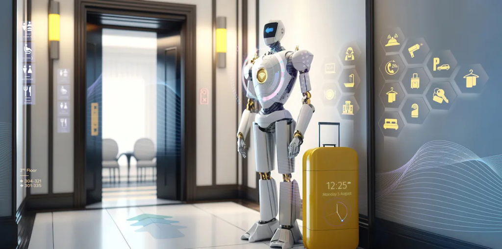 ai bot with a bag - Conversational AI in Hospitality