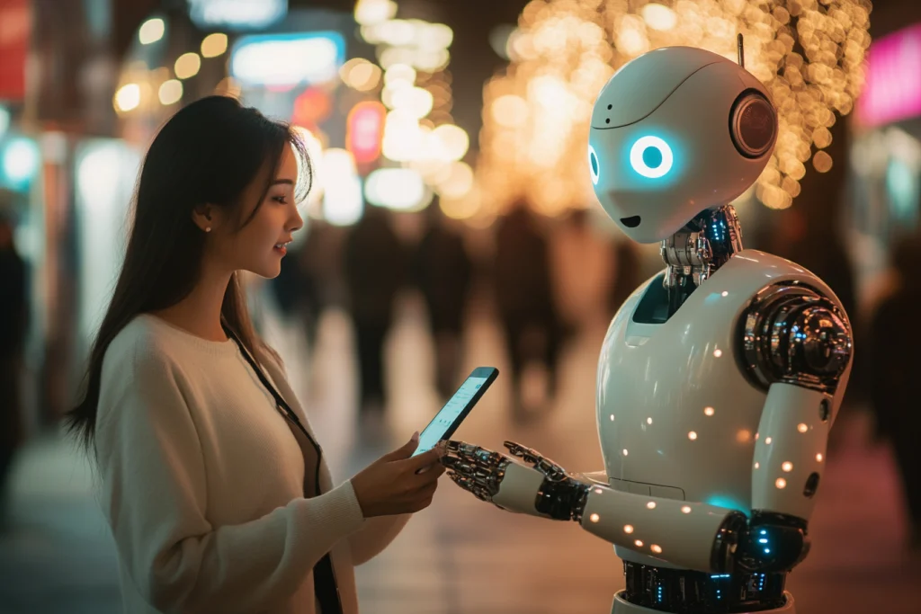 woman standing with an ai bot - Conversational AI Examples