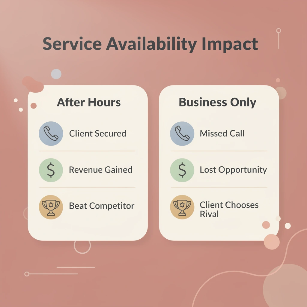 Comparison showing impact of after-hours availability versus business hours only - Best After Hours Answering Service for Lawyers

