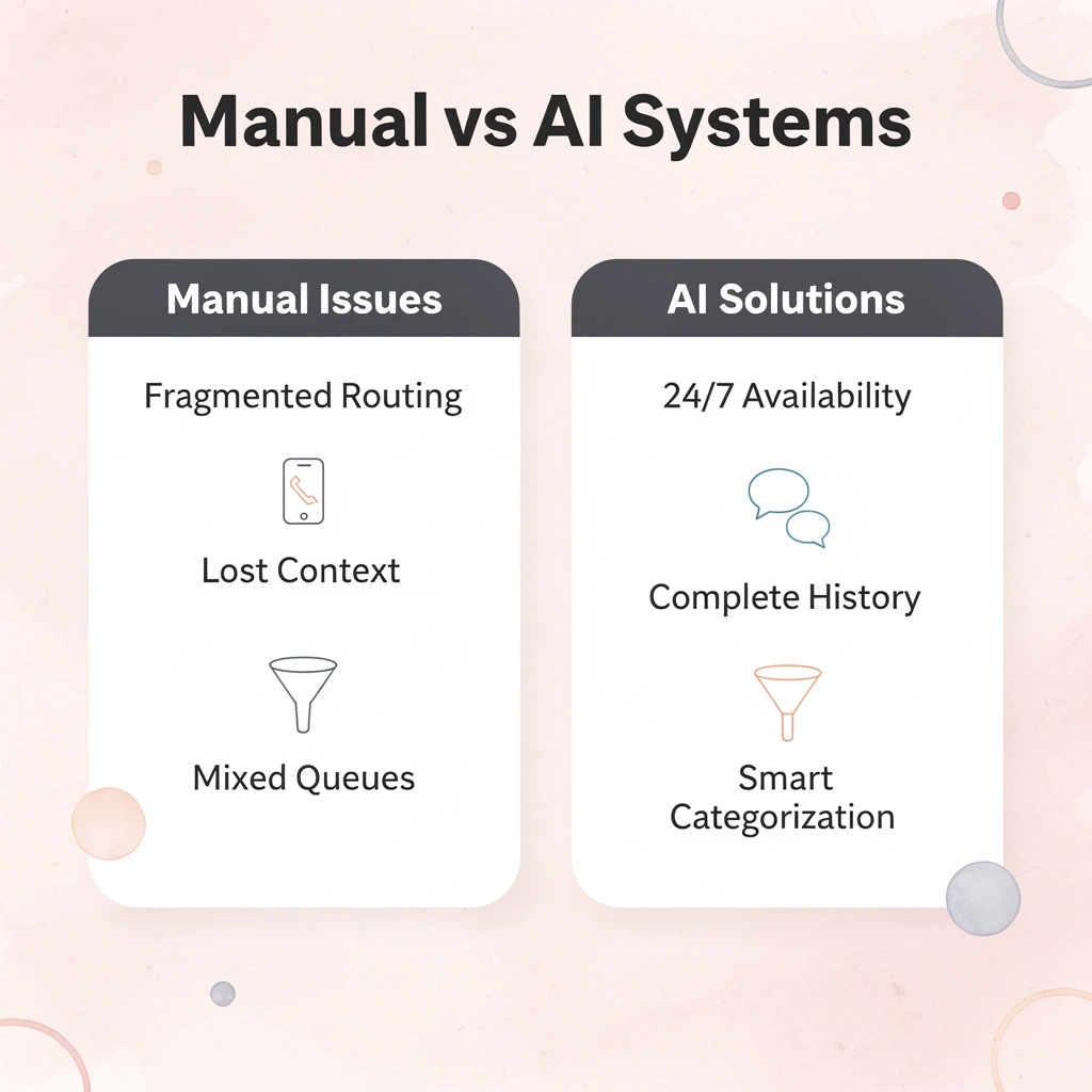 Comparison table showing manual system issues versus AI voice agent solutions - Best Answering Service for Property Management
