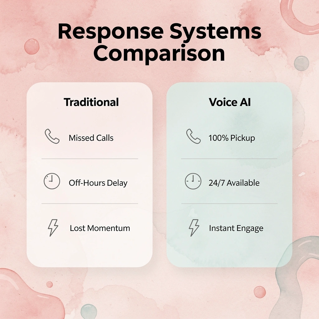 Comparison table showing traditional response vs voice AI response capabilities - How to Improve Response Time to Customer
