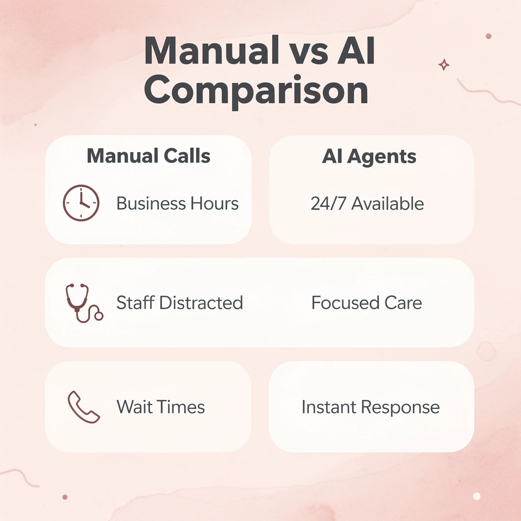 Comparison table showing manual call handling versus AI voice agents - Automated Medical Answering Services