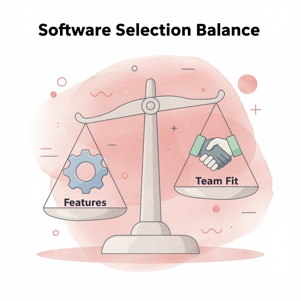 Balance scale comparing features versus team fit in software selection - Call Scripting Software
