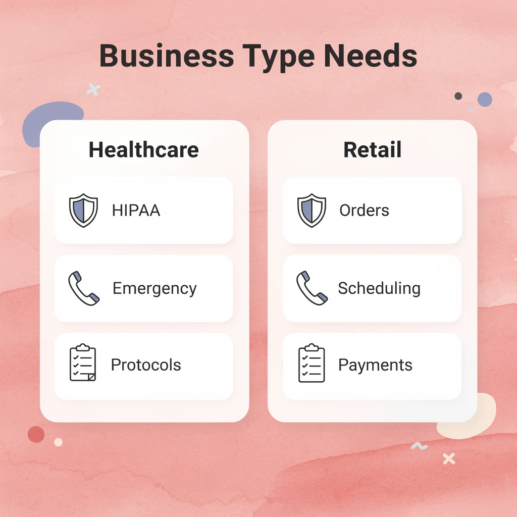 Comparison chart showing healthcare versus retail business needs for after-hours services - Best After Hours Answering Service