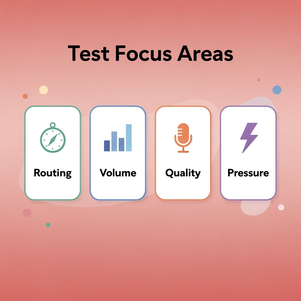 Cards showing key areas to focus on during platform testing