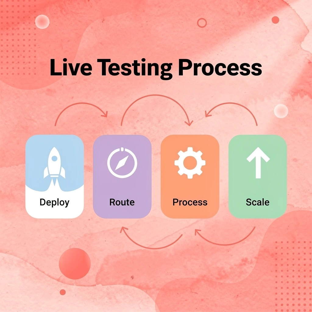Process flow showing live testing steps from deployment to scaling
