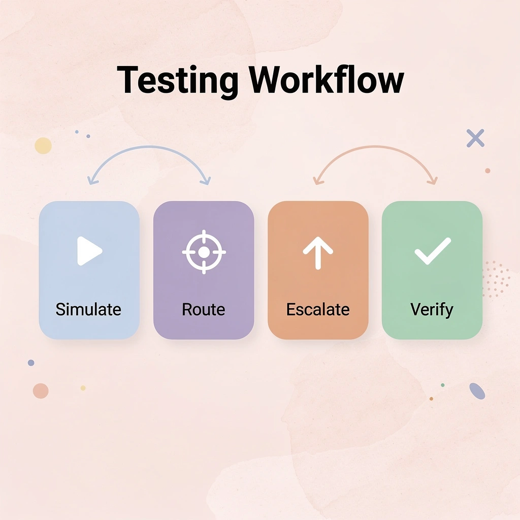 Four-step process flow showing testing workflow from simulation to verification