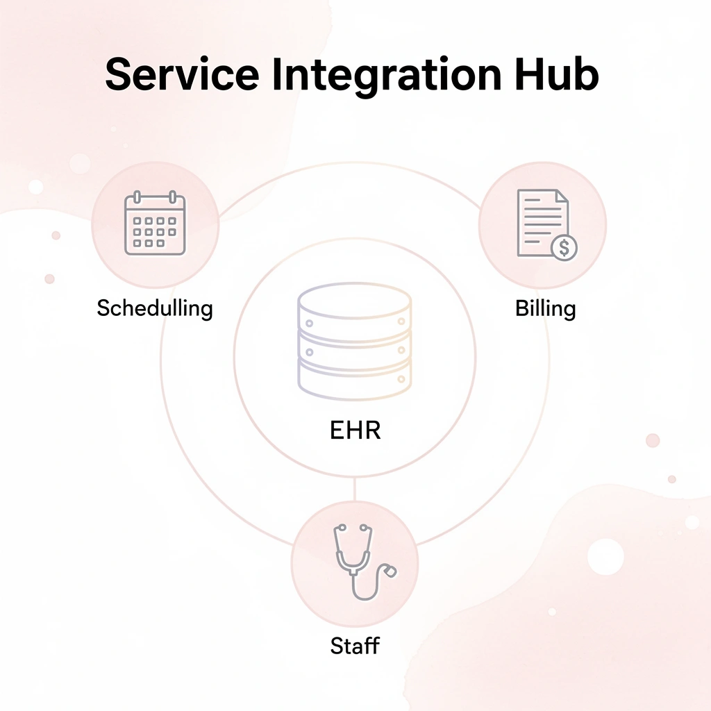 Hub and spoke diagram showing answering service integration with practice management systems