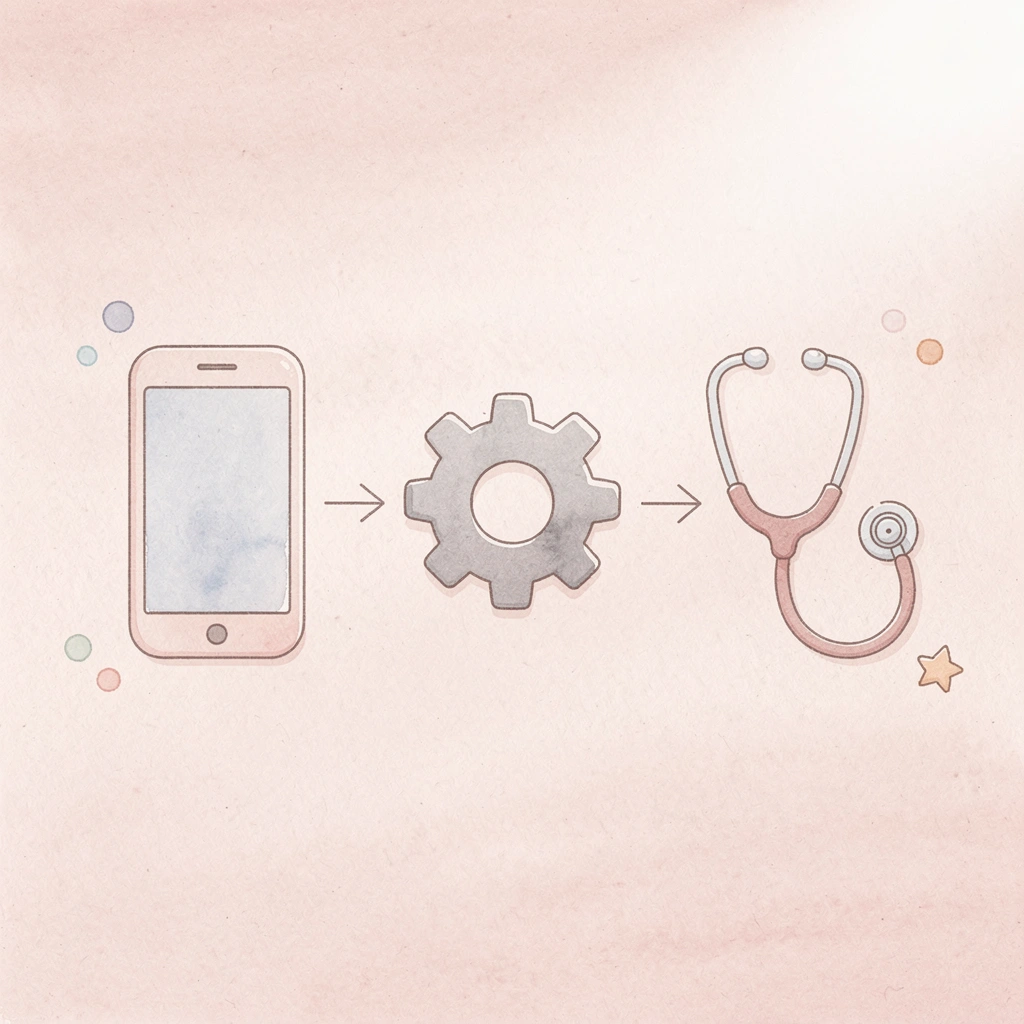Three icons showing communication flow from patient phone call through service routing to medical staff