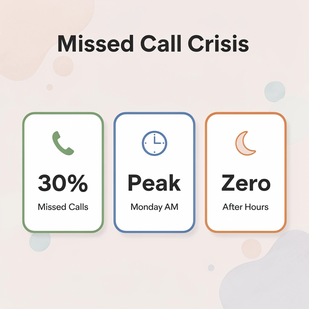 Statistics showing 30% missed calls, peak Monday morning times, and zero after-hours coverage