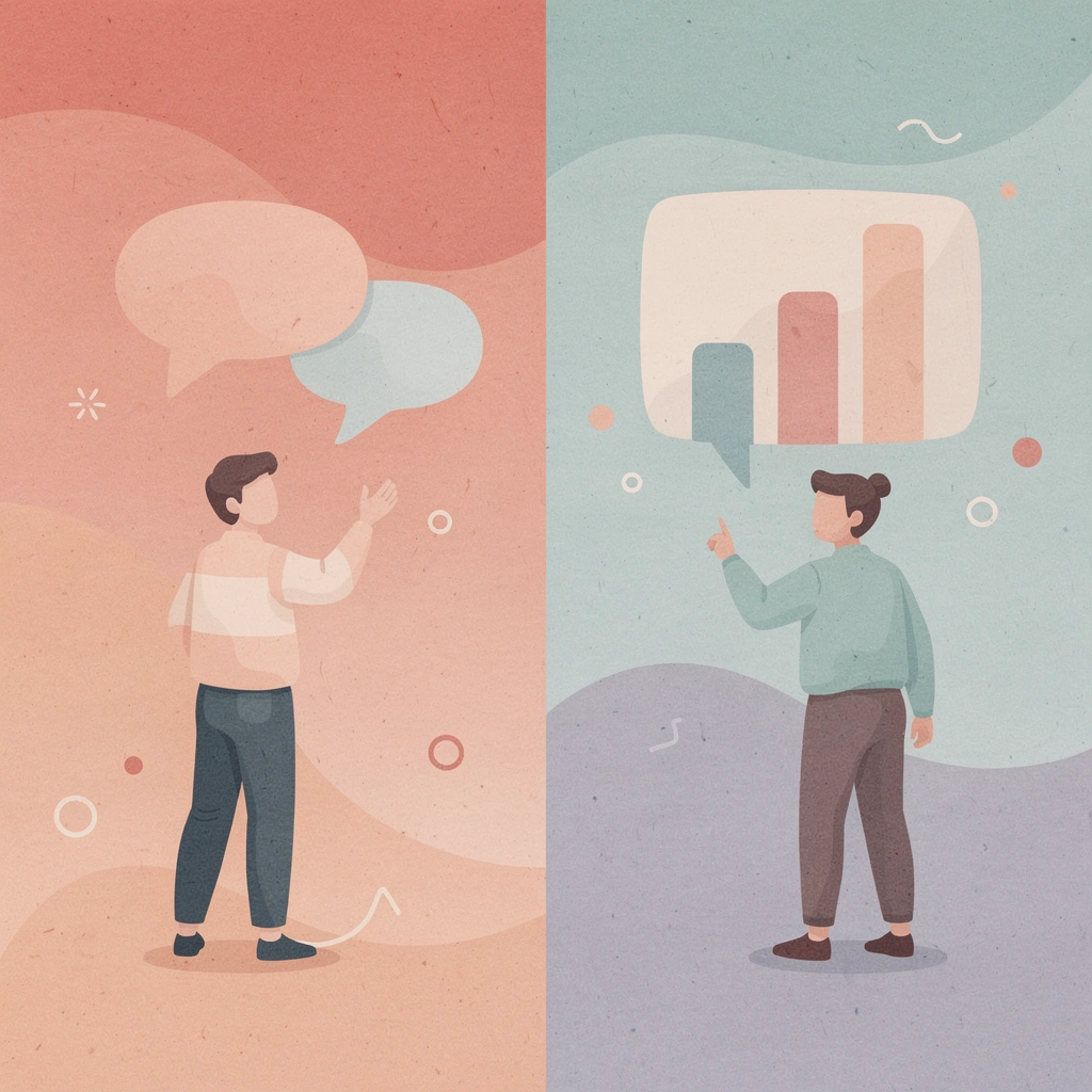 Split scene showing contrast between scripted and natural conversations