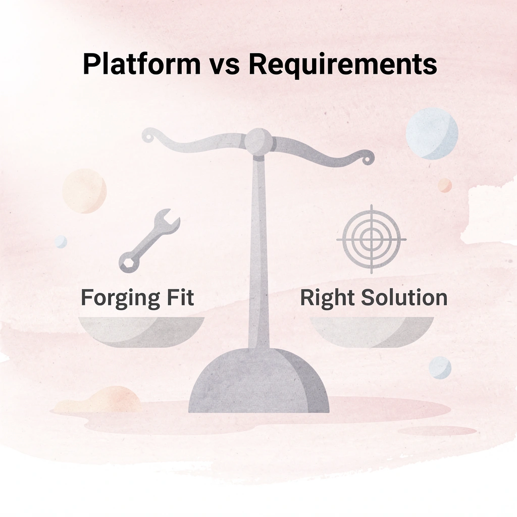 Balance scale comparing forcing platform fit versus finding the right solution - Dialpad Alternatives
 
