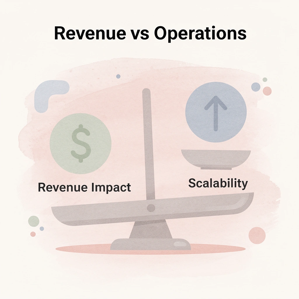 Balance scale comparing revenue impact versus operational scalability - Smith.ai Alternatives
