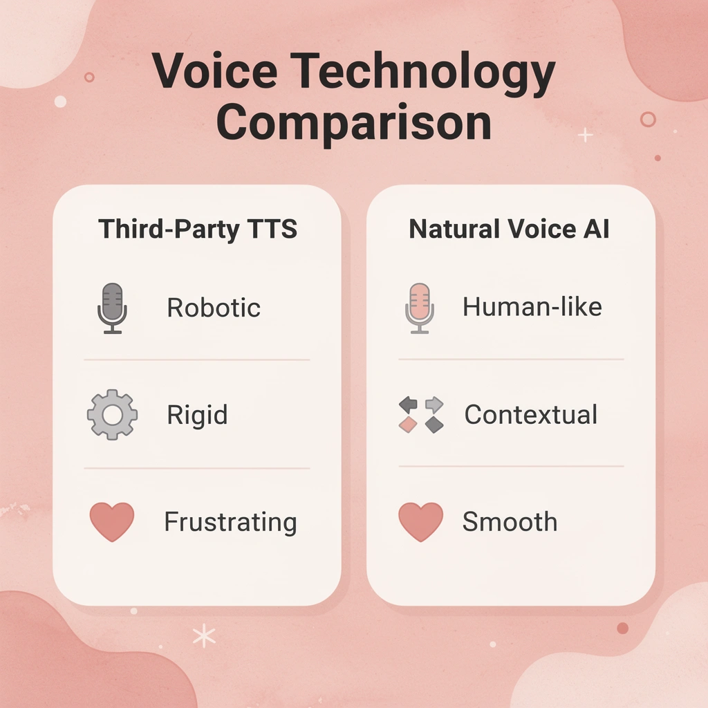 Comparison chart between third-party text-to-speech and natural voice AI technology - Nice Cxone Alternatives

