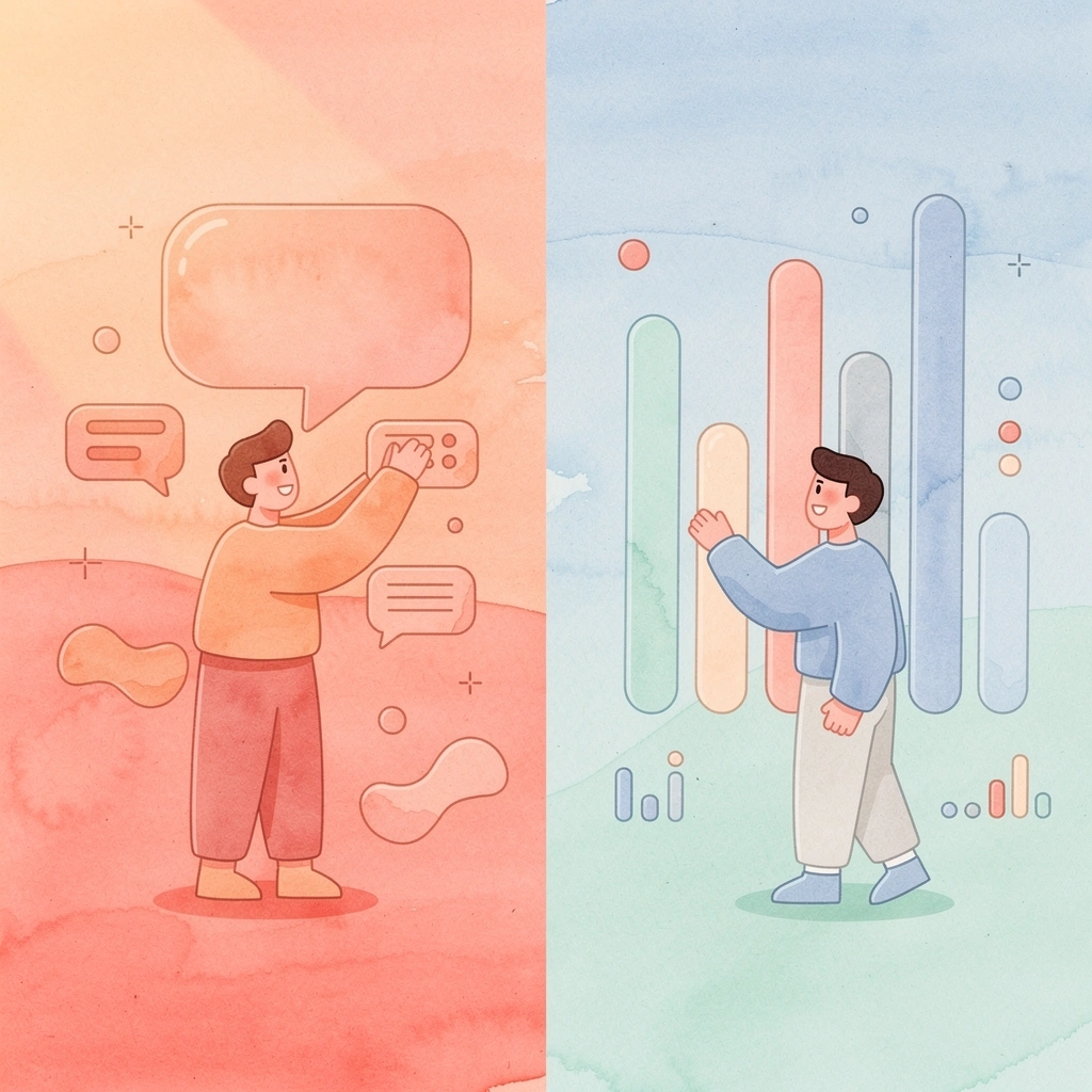 Split scene showing traditional analytics versus real-time AI conversation implementation - Observe.ai Competitors

