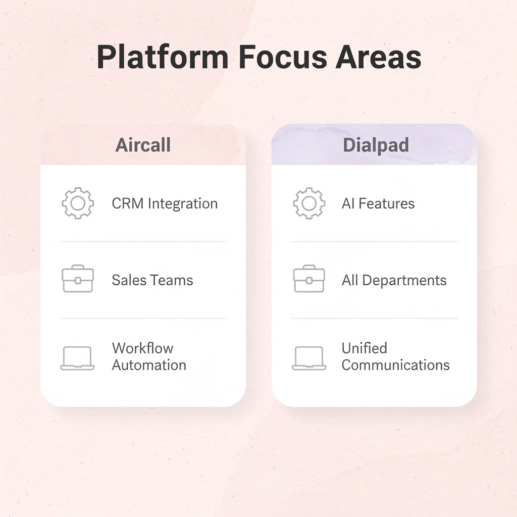 Comparison table showing Aircall versus Dialpad features and focus areas - Aircall vs Dialpad

