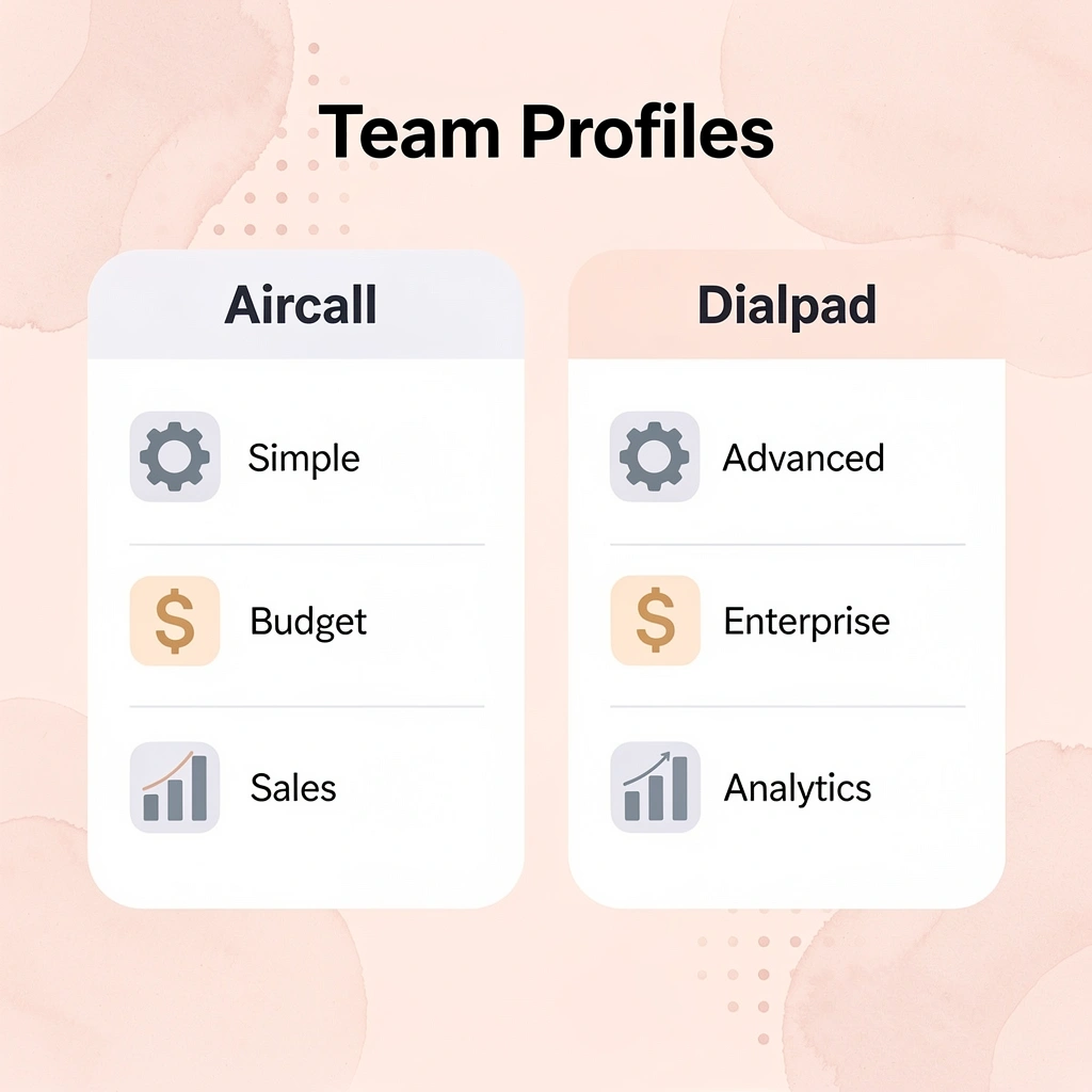 Comparison table showing Aircall vs Dialpad team profiles - Aircall vs Dialpad
