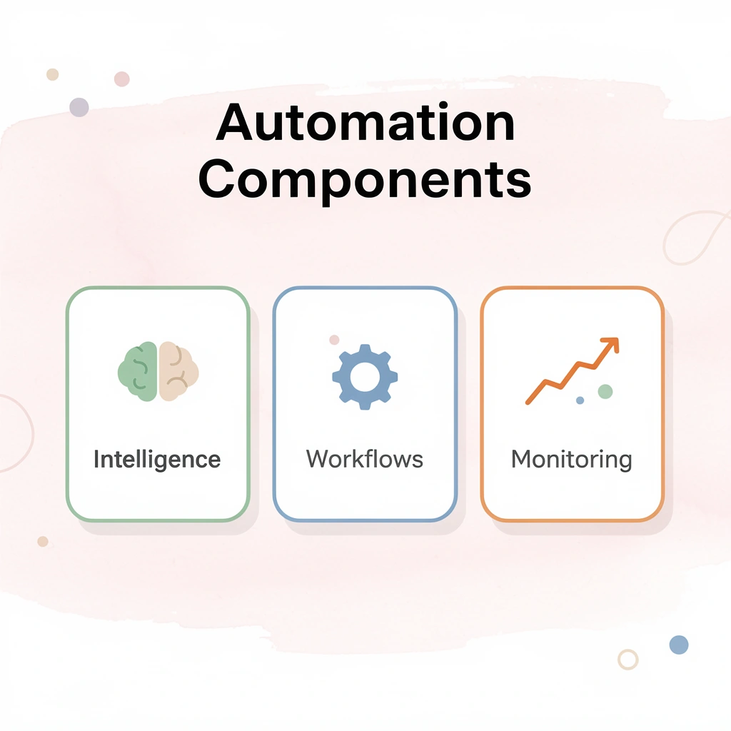Three cards showing automation components: intelligence, workflows, and monitoring - How to Automate Phone Calls
