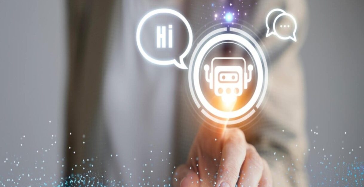 person pointing at a virtual chatbot icon - CX One Inc